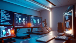 Futuristic AI workspace showcasing an NSFW image generator interface with digital screens and creative character designs.