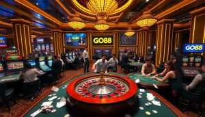 Experience the excitement at GO88 with vibrant poker tables and colorful slot machines in a luxurious casino setting.