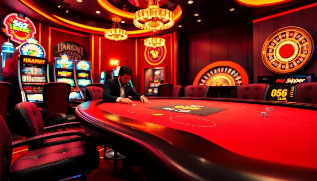 The b52 club poker table showcases exciting gameplay with vibrant casino elements and professional players.