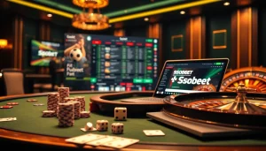 Sbobet online betting interface showcasing an exciting casino scene with poker chips and roulette wheel.