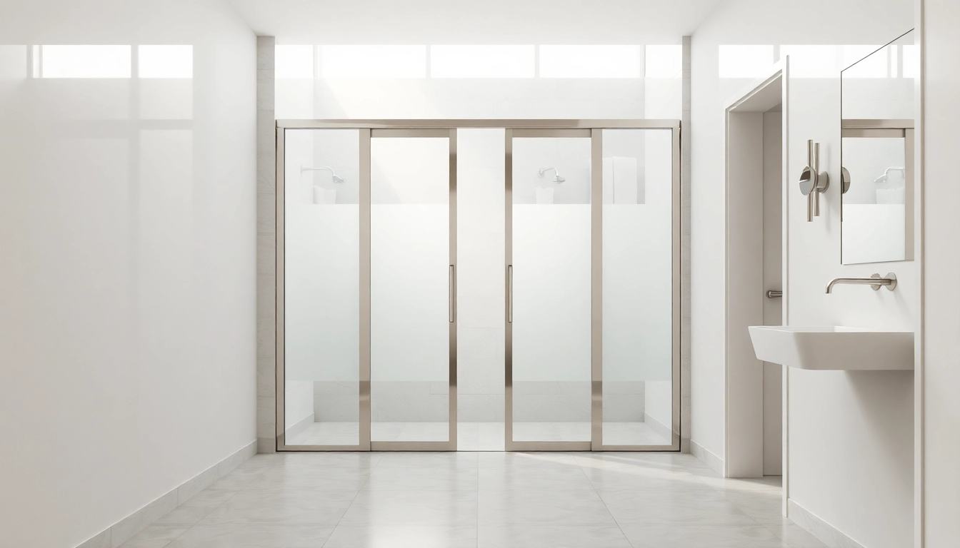 Showcase modern shower sliding doors featured in a bright bathroom setting.