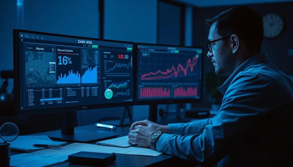 The hidden wiki analysis by a digital forensic investigator in a modern office, showcasing dark web elements.