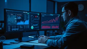 The hidden wiki analysis by a digital forensic investigator in a modern office, showcasing dark web elements.