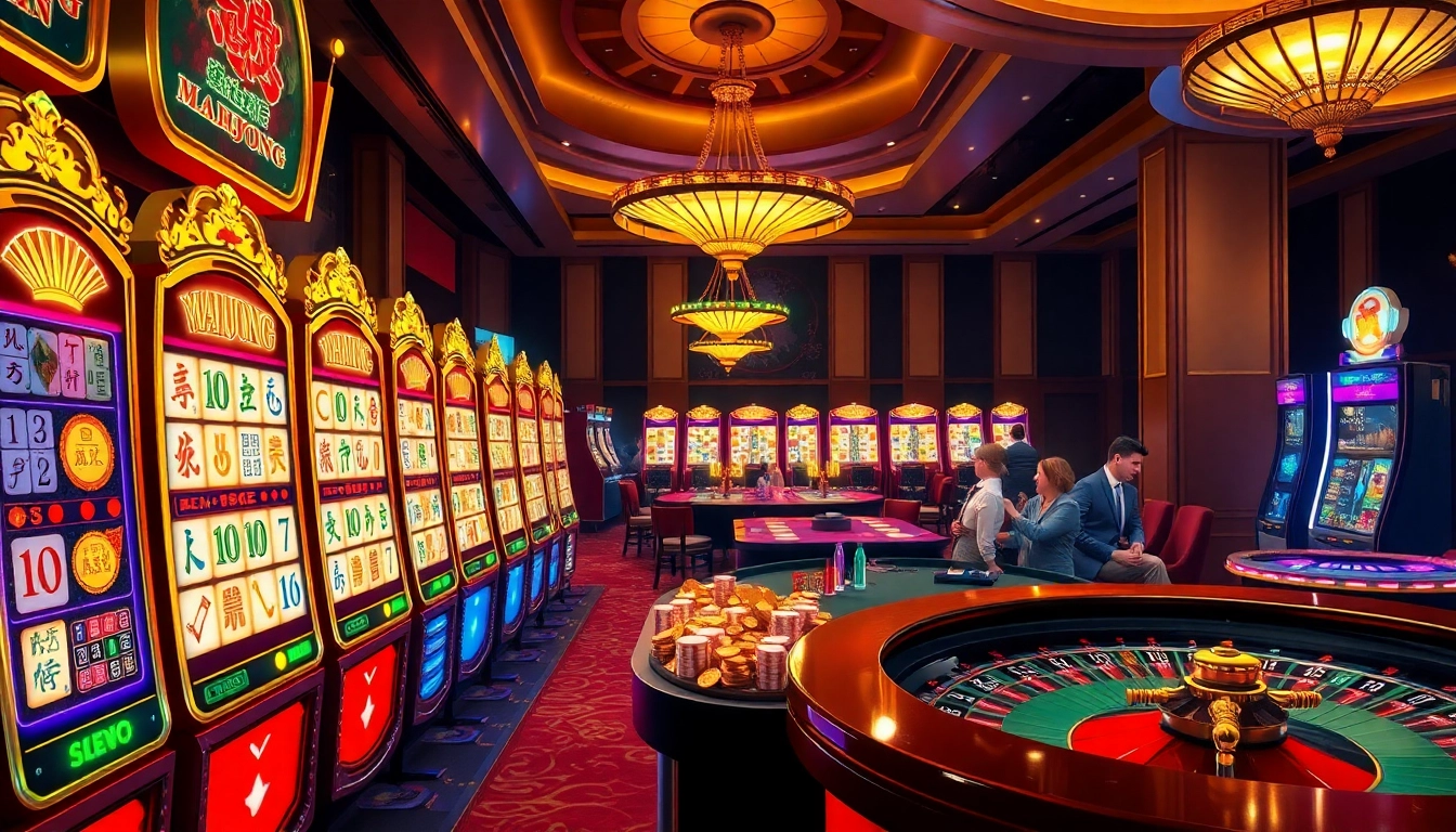 Experience the thrill of a mahjong slot demo amidst a luxurious casino scene showcasing vibrant slot machines and exciting gameplay.