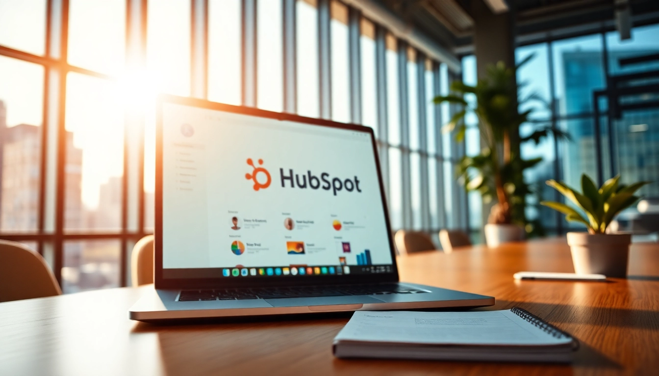 Showcase HubSpot free web interface in a modern office setup emphasizing productivity.