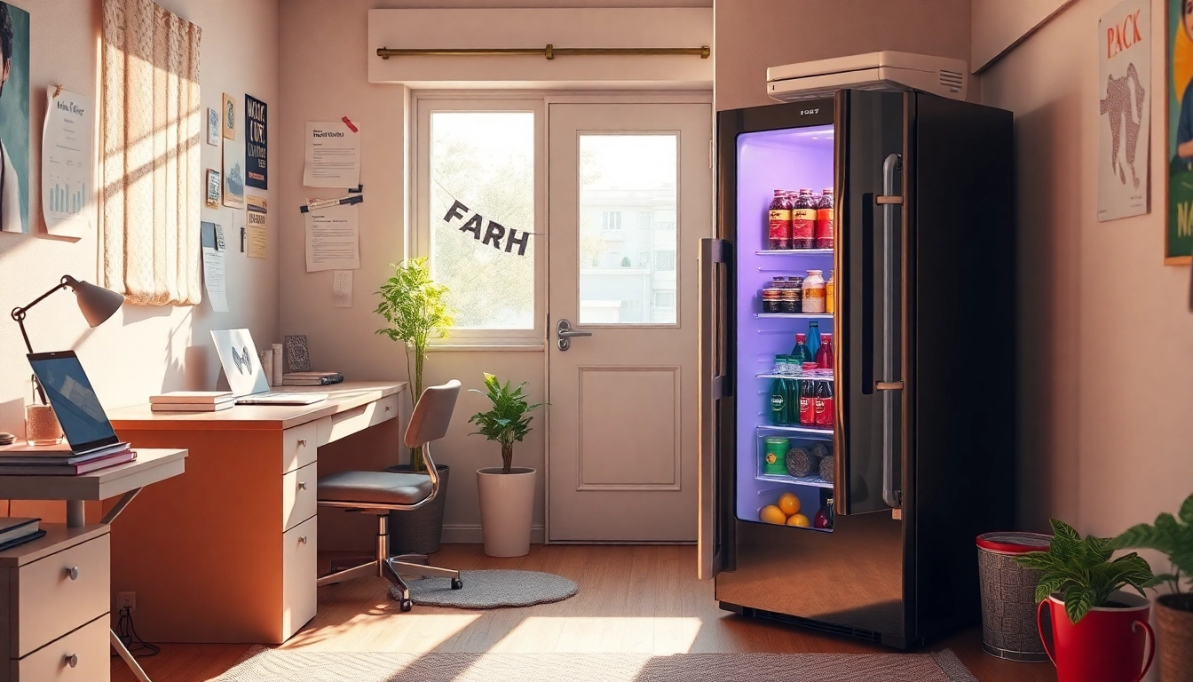 Explore a stylish dorm room fridge filled with colorful snacks and drinks in a cozy student space.