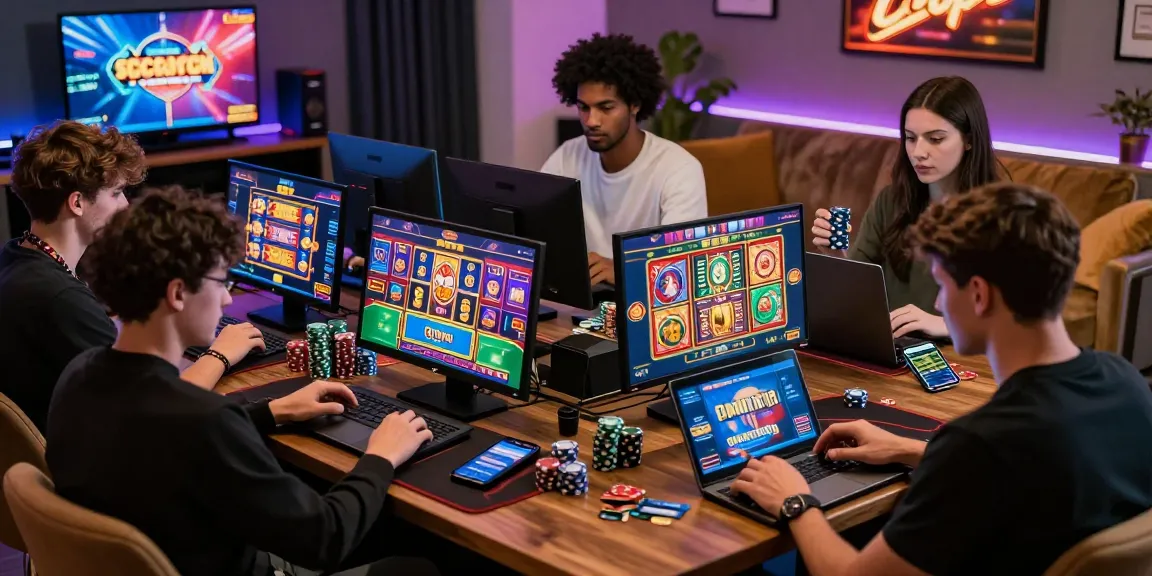 Players using credit card casinos at scoarch.org.uk in a lively online gaming environment, showcasing excitement and vibrant game visuals.