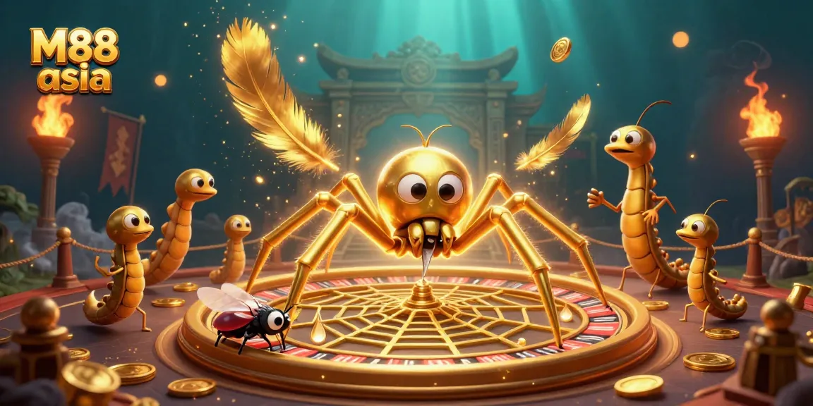 Experience thrilling bets with M88 asia, showcased through a 3D illustration of a spider and a fly.