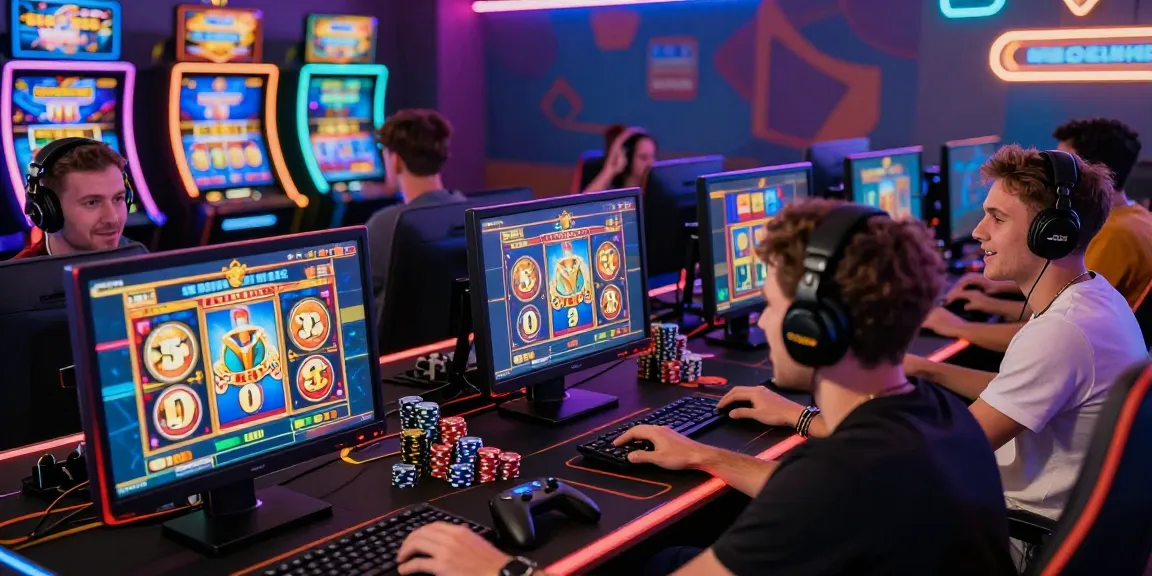 Engaged players enjoying bonus buy slots at a vibrant online casino, showcasing vibrant slot graphics and gaming accessories.