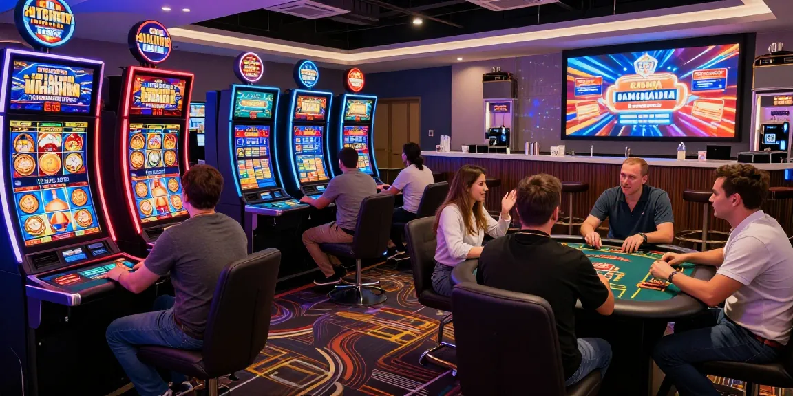 Exciting scene at credit card casinos with players engaging at slot machines and live dealer tables in a vibrant gaming environment.