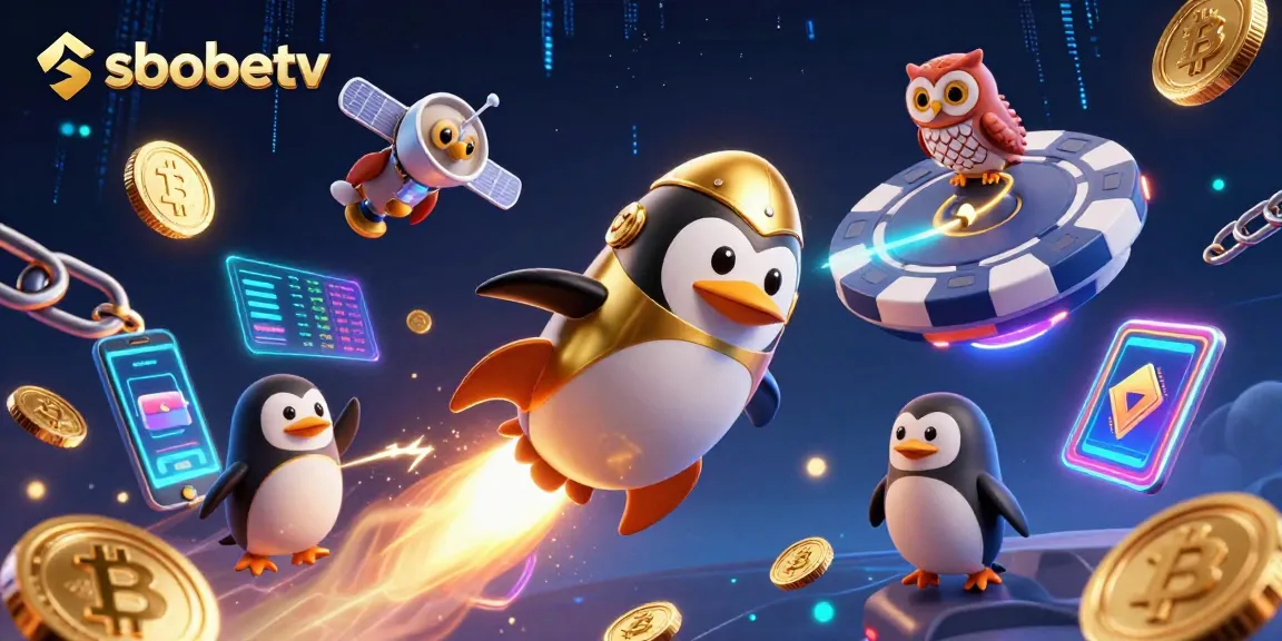 sbobetv showcases a dynamic 3D illustration of a rocket-powered penguin heading to a casino space station.