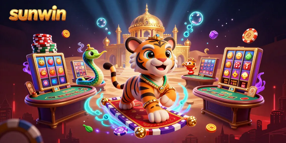 Spin the reels and win big at sunwin, featuring a vibrant Arabian Nights theme and casino elements.