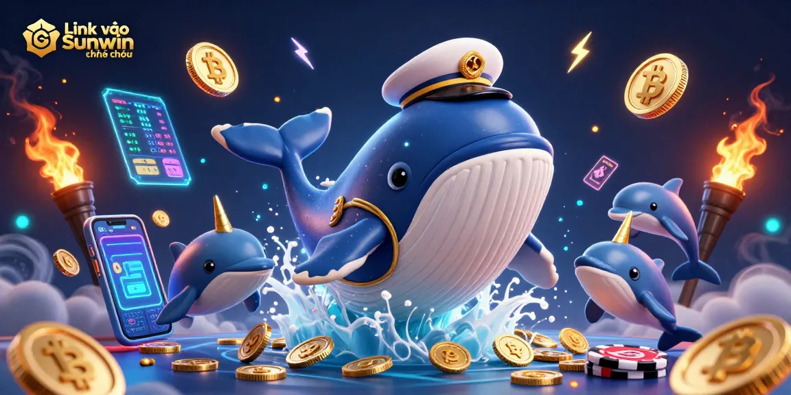 Engage players with Link vào Sunwin chính thức, featuring captivating 3D illustration of a whale and dolphins amidst gaming elements.
