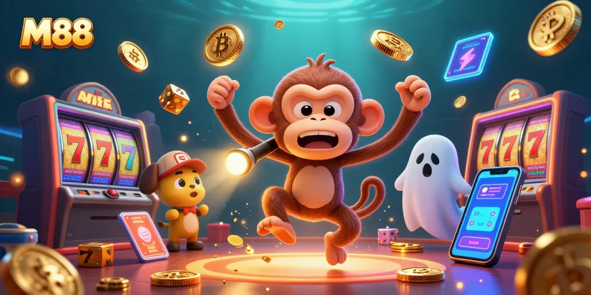 M88 vibrantly showcases a cartoon poltergeist monkey juggling casino goodies while a ghost-hunter puppy tracks, all in a lively casino scene.