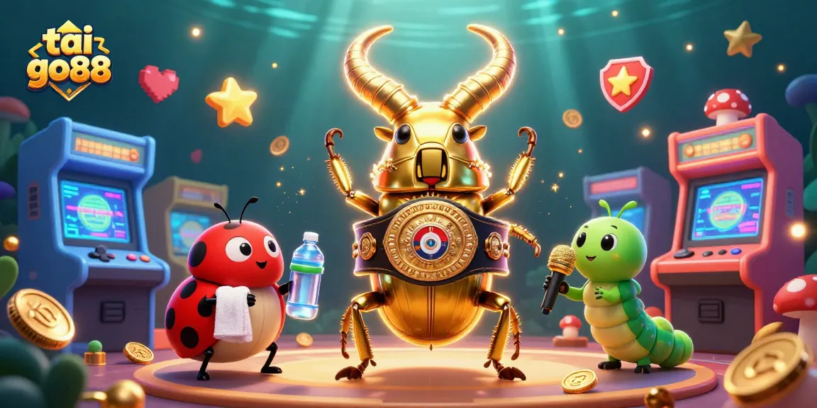 Experience the thrill with tai go88, featuring a giant golden stag beetle and vibrant arcade elements.