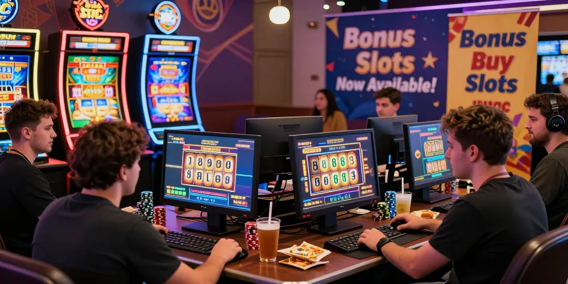 Players enjoying Bonus Buy Slots at https://thekingarthur.co.uk/ with colorful machines and lively atmosphere.