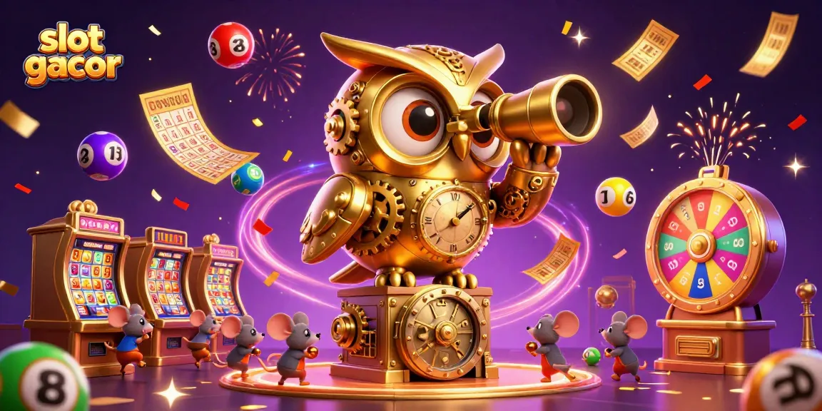 Engage with slot gacor excitement through vibrant 3D casino illustration showcasing an owl and lottery elements.