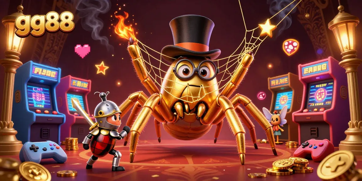 Experience the thrill of gg88 as a golden tarantula weaves a web of fortune in a dynamic casino setting.
