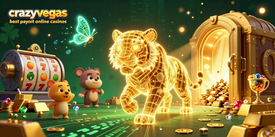 Experience the thrill at crazyvegas best payout online casinos featuring a luminous golden tiger amidst a wealth of treasures.