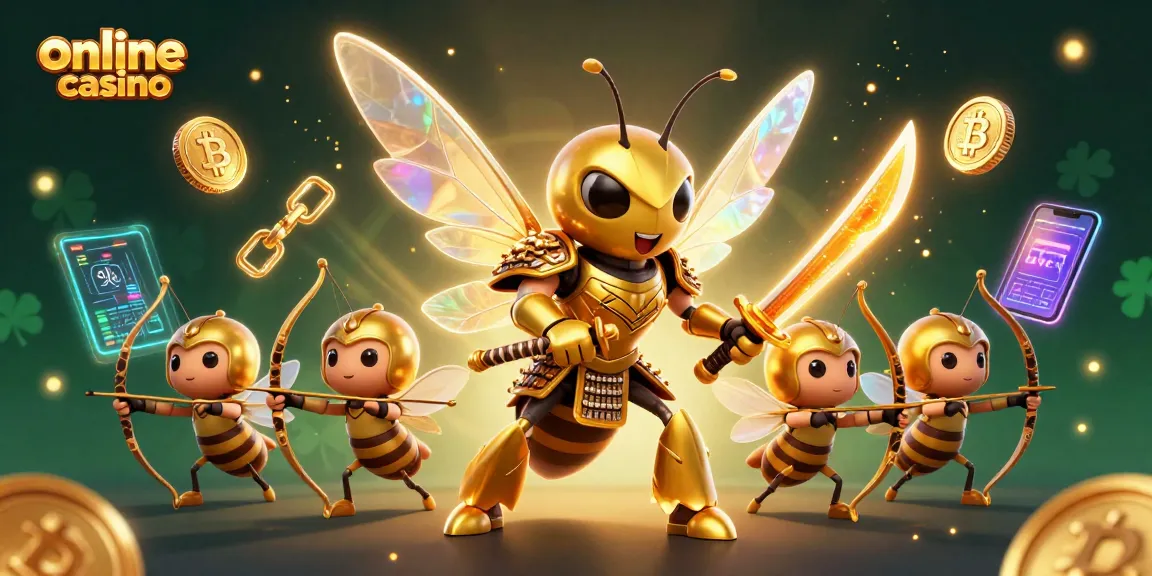 Engage with the exciting online casino world featuring dynamic 3D cartoon hornet samurai and crypto elements.