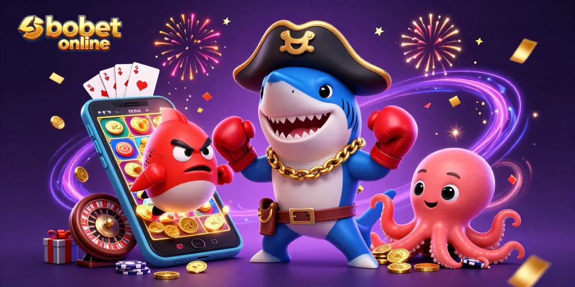 Experience sbobet online with exciting casino characters celebrating big wins amidst vibrant game visuals.